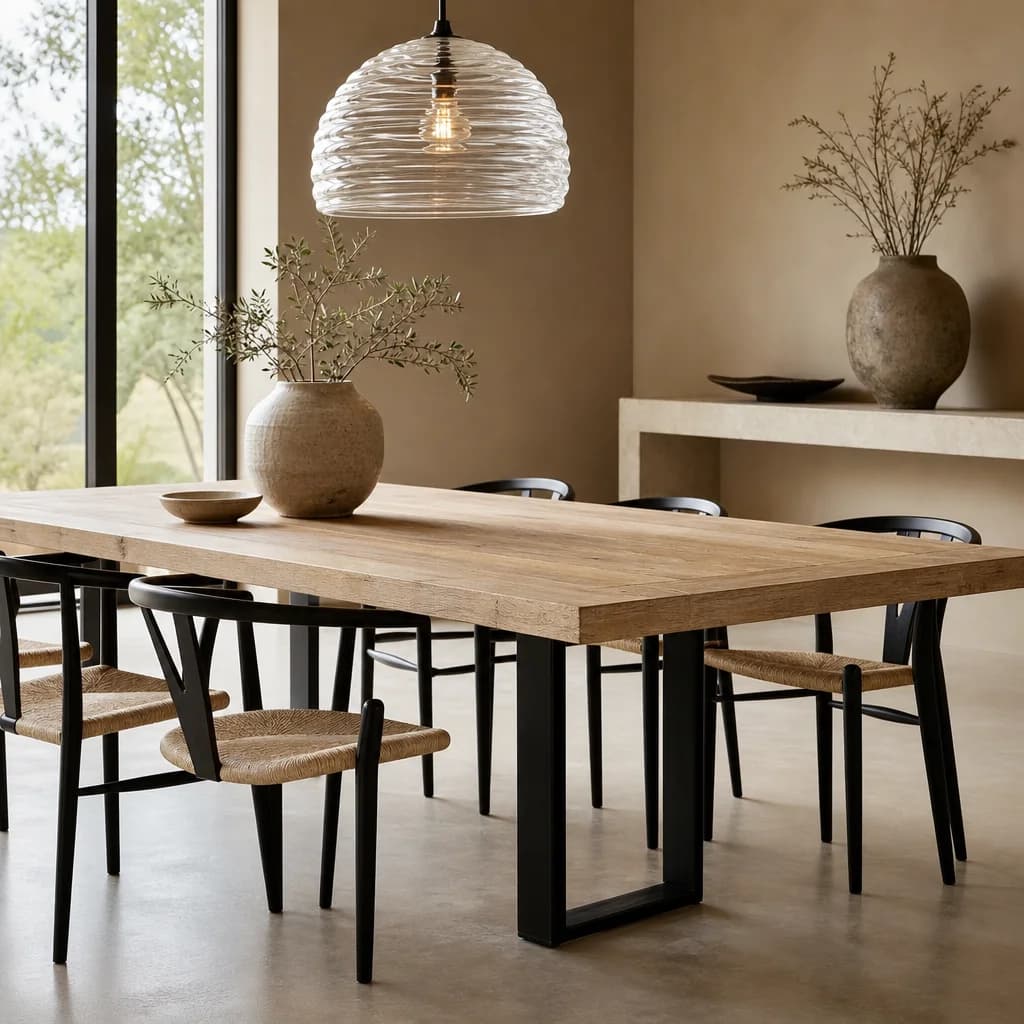 Sand-wash acacia dining table beneath a ripple glass pendant
