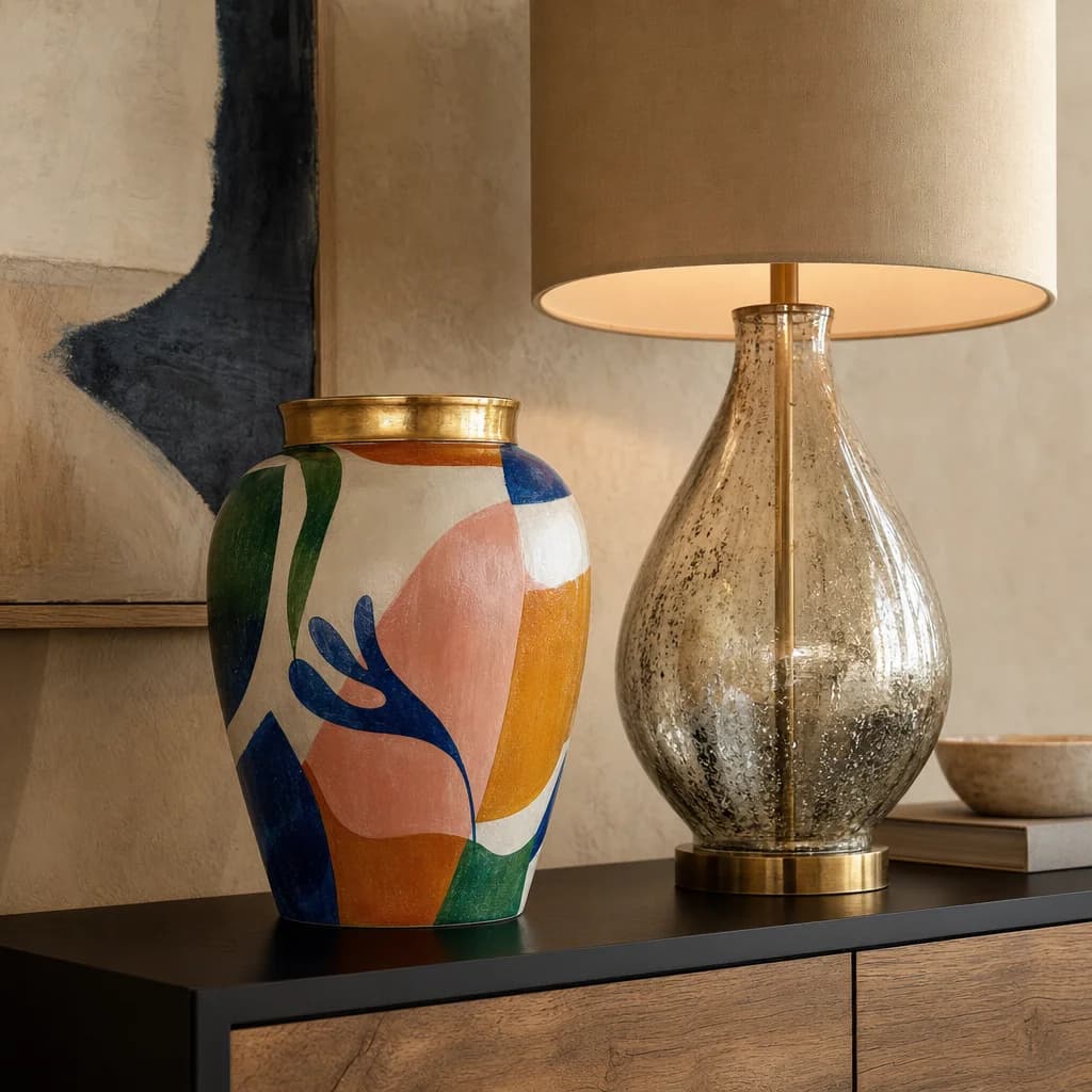 Painterly ceramic vase and mercury glass lamp on a console table